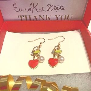 Cherry Pearl Dangle Earrings Gold plate over stainless steel on Earwires NEW NWT
